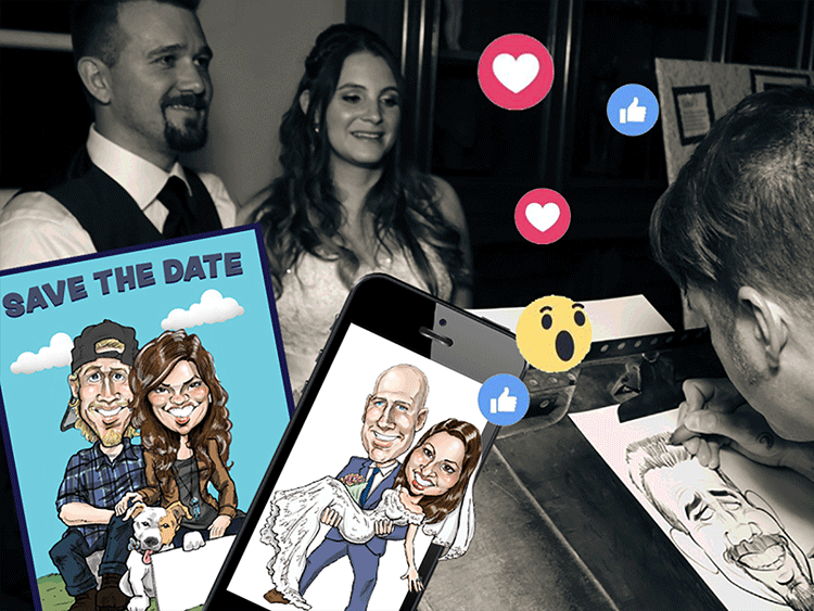 Photo of wedding caricatures, caricature save the dates, wedding snapchat filters and bax illustration in st. louis
