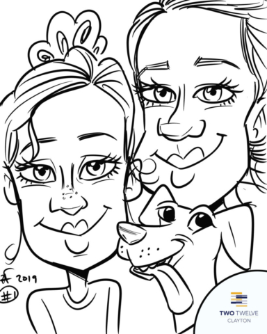 Digital Caricature of couple and their dog at Two Twelve Clayton Pool Party, by Bax Illustration