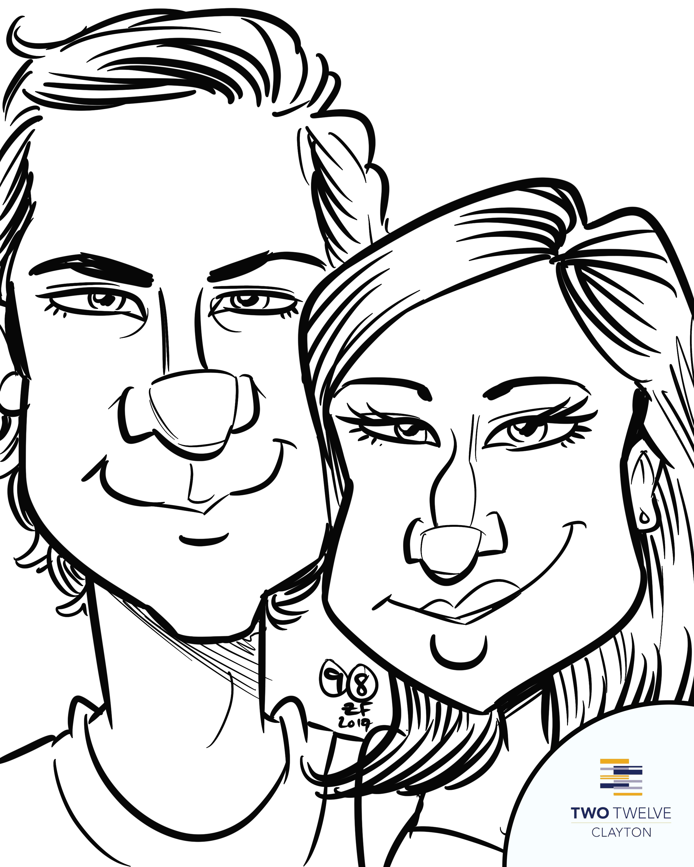 Digital Caricature of couple at Two Twelve Clayton Pool Party, by Bax Illustration