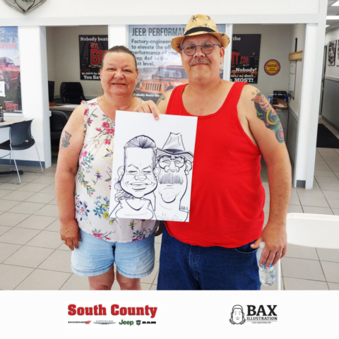 Couple holding caricature by Bax Illustration at South County Dodge Customer Appreciation Event in St. Louis