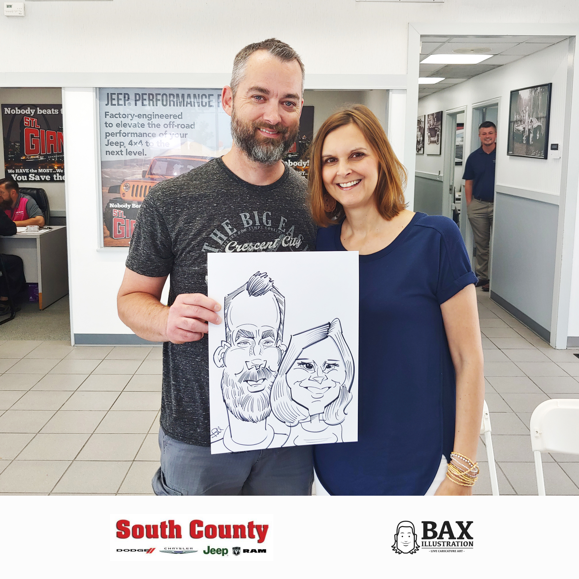Couple holding caricature by Bax Illustration at South County Dodge Customer Appreciation Event in St. Louis