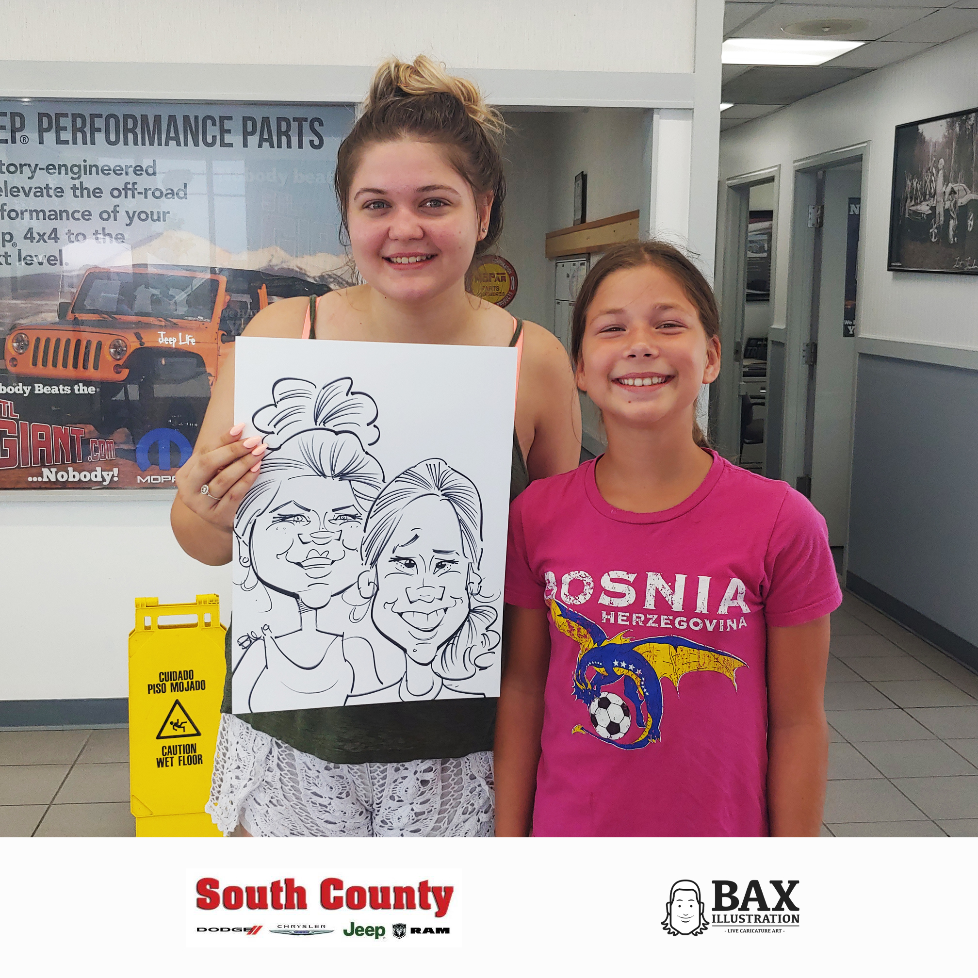 Girls holding caricature by Bax Illustration at South County Dodge Customer Appreciation Event in St. Louis