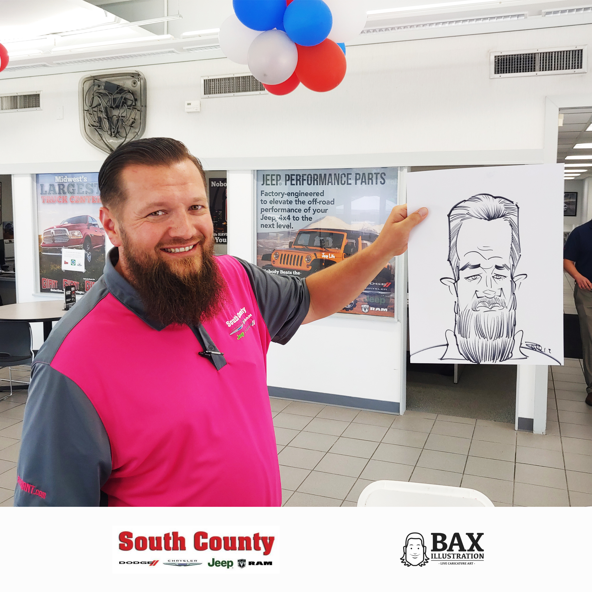 Guy holding caricature by Bax Illustration at South County Dodge Customer Appreciation Event in St. Louis