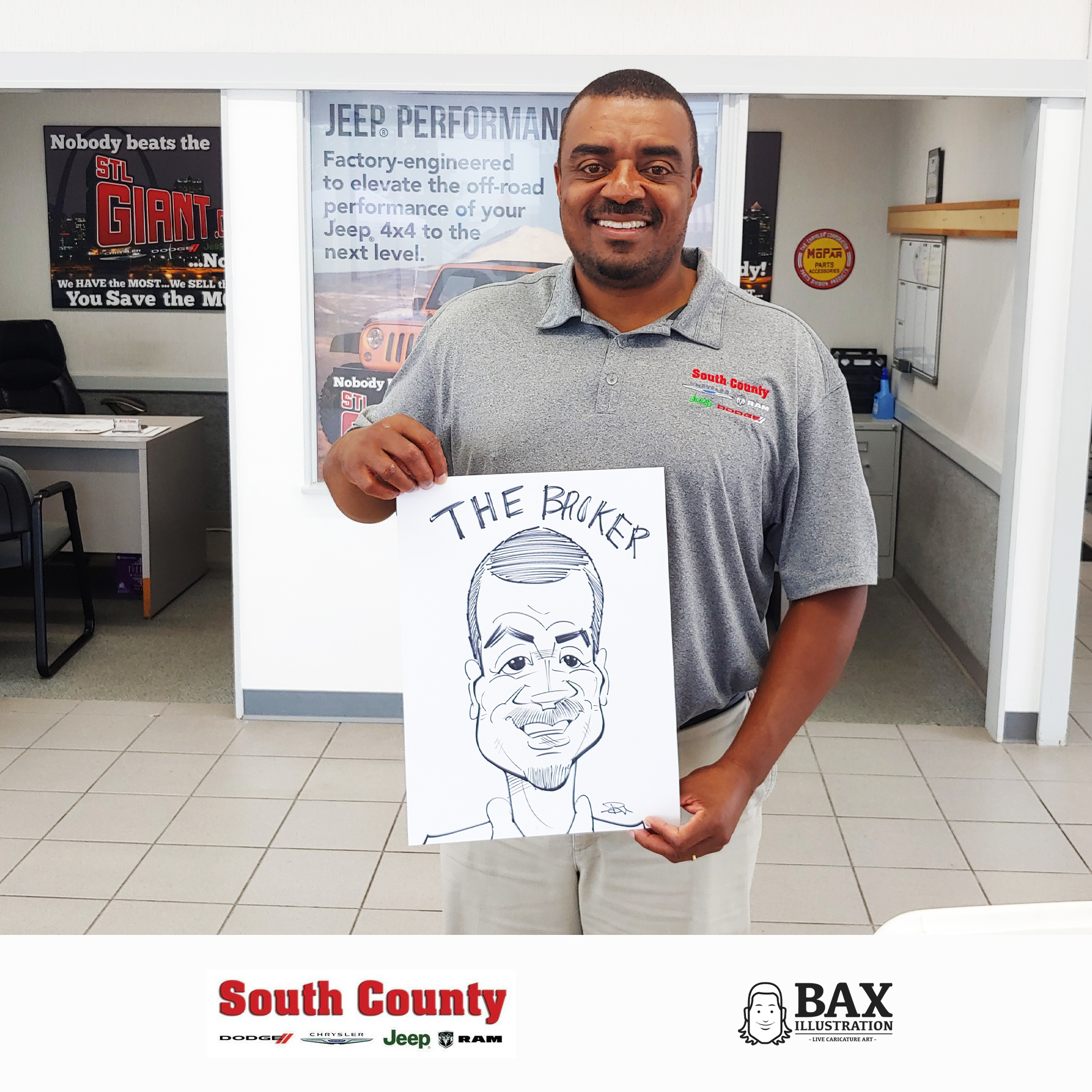 Guy holding caricature by Bax Illustration at South County Dodge Customer Appreciation Event in St. Louis