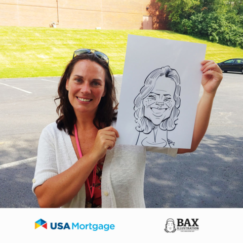 Woman holding caricature by Bax Illustration at a USA Mortgage event in St. Louis, Missouri