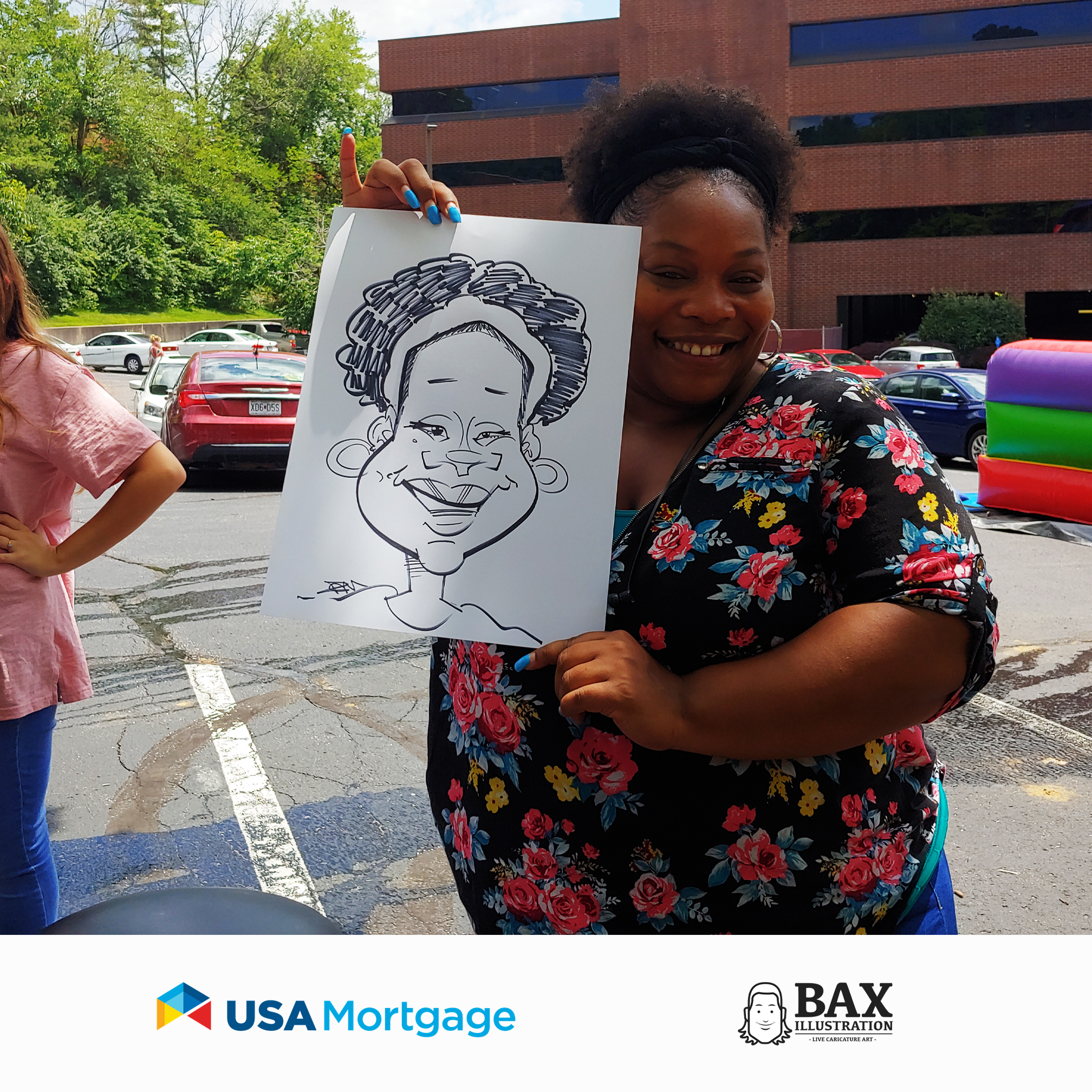 Woman holding caricature by Bax Illustration at a USA Mortgage event in St. Louis, Missouri