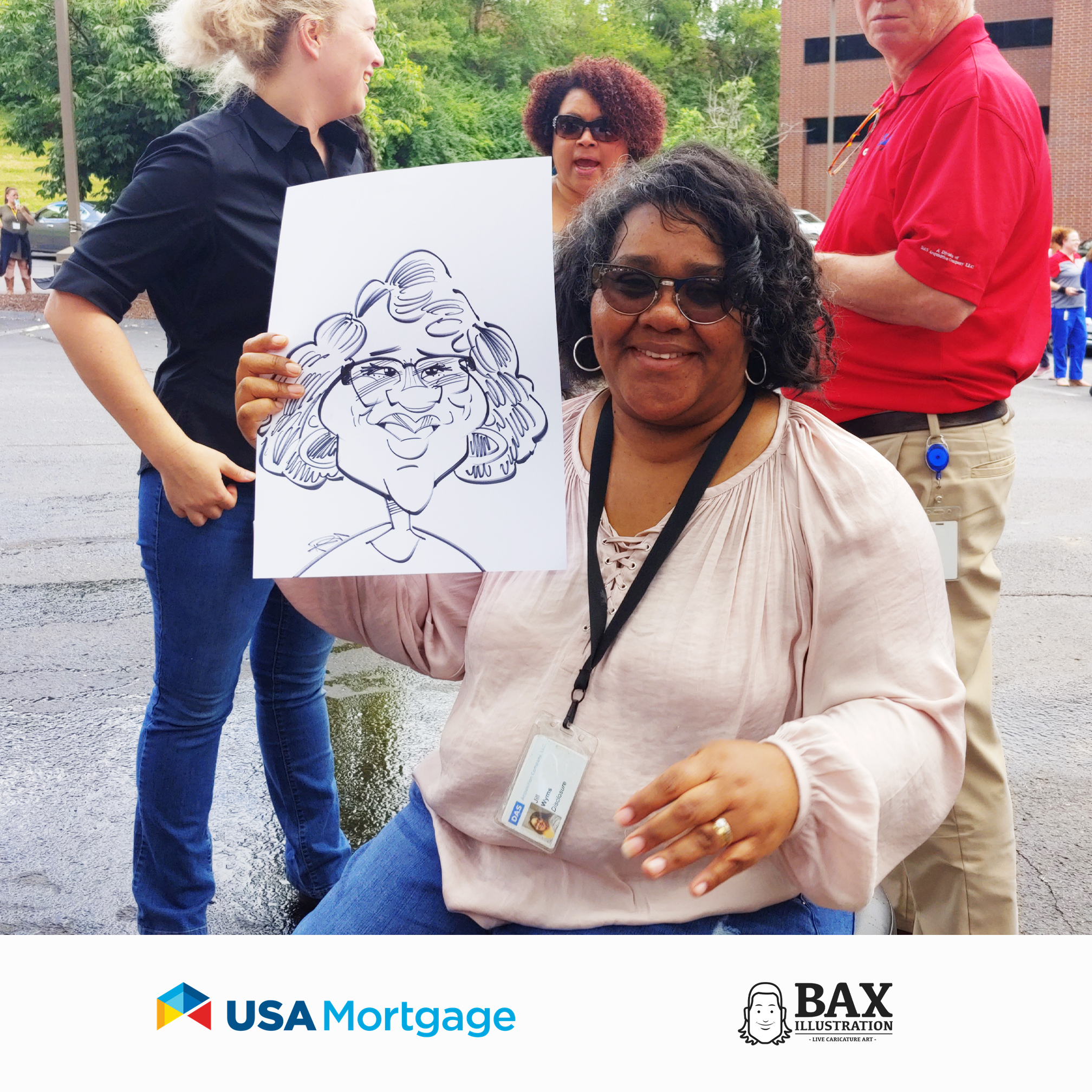 Woman holding caricature by Bax Illustration at a USA Mortgage event in St. Louis, Missouri